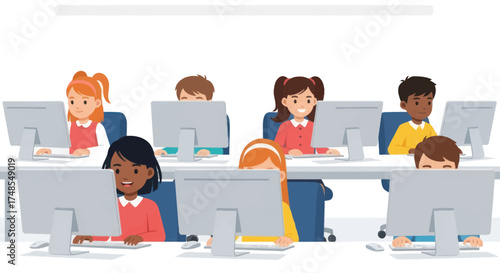 Cartoon Children Working on Computers in Classroom Setting.