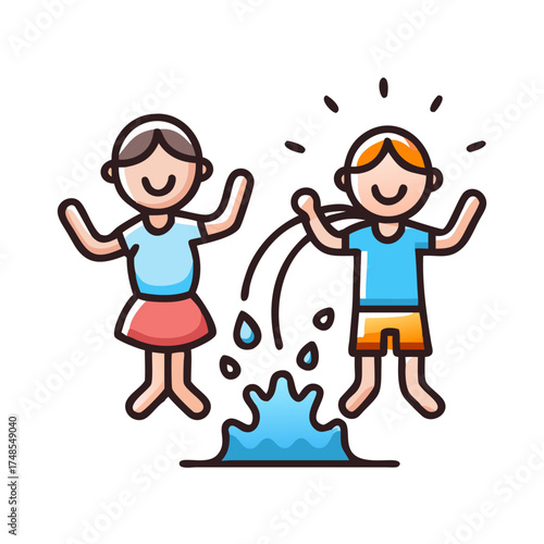 Cartoon children splashing playfully in puddle on black backdrop