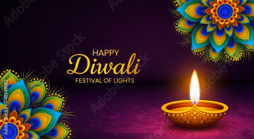 Happy diwali festival of lights with diya and peacock feather motifs on a dark purple background
