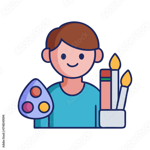 Flat illustration of an artist holding a palette and brushes