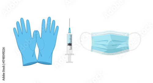 Medical Protective Gear: Blue Gloves Syringe and Surgical Mask for Healthcare.