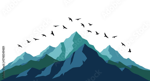 Stylized Blue Green Mountains with Flying Birds V-Formation.