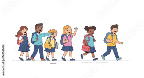 Diverse Group of Happy School Children Walking Together with Backpacks Cartoon Illustration.