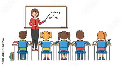 Teacher instructing students in a classroom setting with a whiteboard and desks.