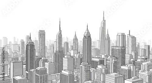 Sketch of a modern city skyline with tall buildings and skyscrapers.