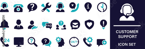 Clean customer support vector set with headset, chat, and service elements in flat and outline styles. Perfect for helpline, CRM, communication, and online service projects.