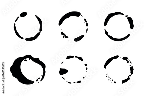 Set of Vector  Coffee Cup Ring Stain. Collection of grunge coffee cup ring stains in black on white background, ideal for design elements or texture overlays