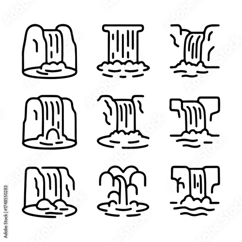 set of outline icons waterfalls vector on a white background
set of 9 line icons, vector, on a white background