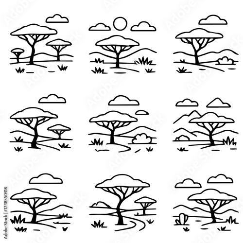 set of outline icons savannah vector on a white background
set of 9 line icons, vector, on a white background