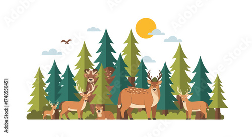 Deer Family in a Forest Landscape with Tall Green Trees and a Bright Sun.