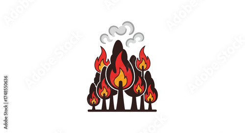 Stylized Illustration of Trees Engulfed in Flames and Smoke.