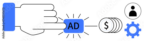 Hand clicking an ad button triggering monetary conversion, user, and gear icons. Ideal for marketing, online promotion, advertising, revenue, monetization technology business. Minimalist flat