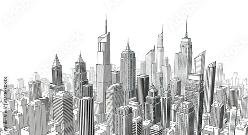 Architectural Sketch of Modern City Skyline with Tall Skyscrapers.