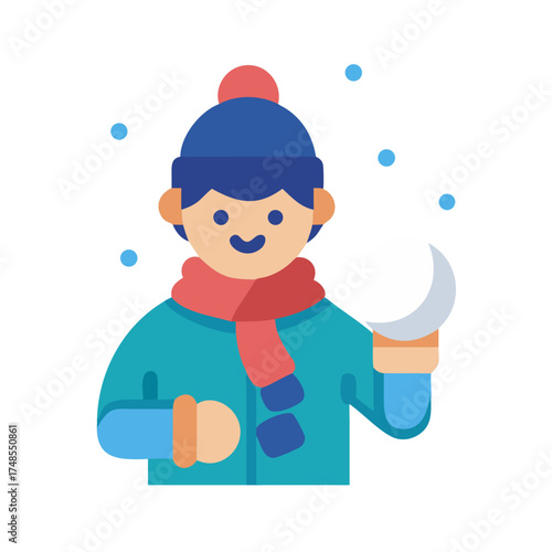 Cheerful boy with snowball in flat design winter scene