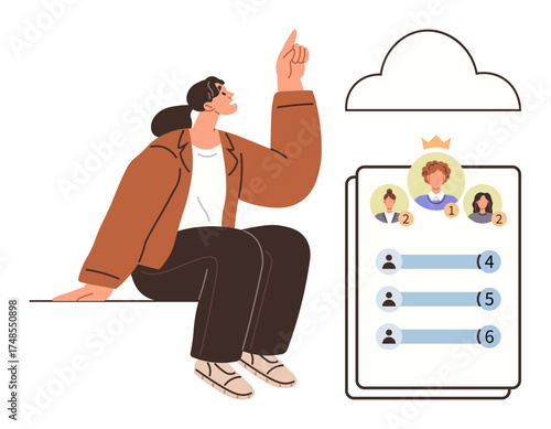 Young woman gestures towards a cloud and leaderboard featuring ranked profiles with scores. Ideal for teamwork, ranking, leadership, achievement, gamification, growth, digital collaboration. Simple