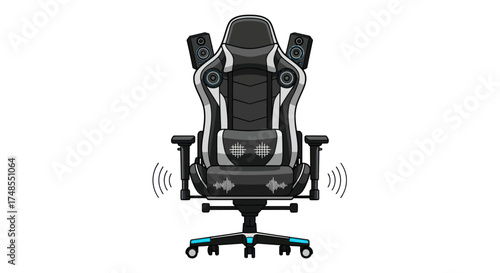 Black and Gray Gaming Chair with Speakers and Lumbar Support.
