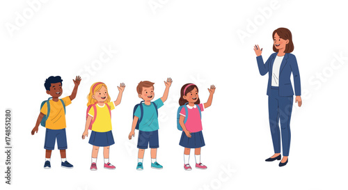 Diverse Elementary School Children and Female Teacher Waving Hello.