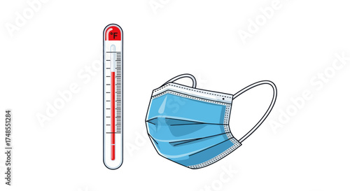 Medical thermometer and blue surgical face mask illustration.