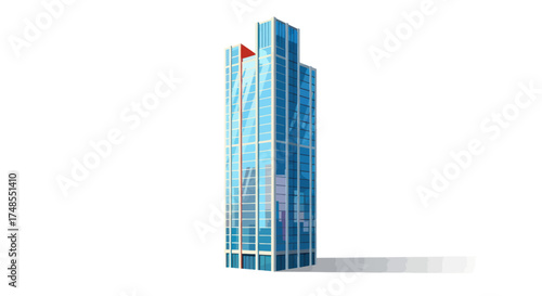 Modern Blue Glass Skyscraper with Red Accent on Top.