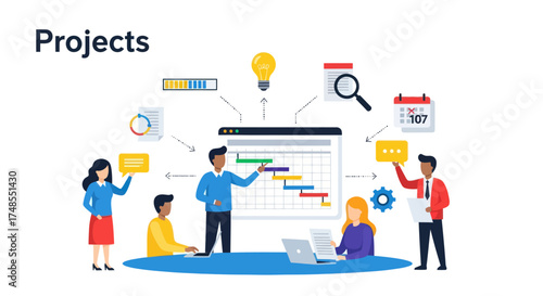Diverse Team Collaborating on Project Management with Gantt Chart and Icons.