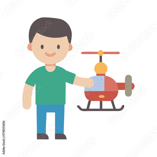 Child playing with a toy helicopter against black background