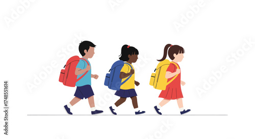 Three Diverse Children Walking with Backpacks to School.
