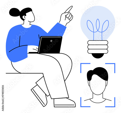 Woman using laptop pointing upward with glowing lightbulb and human face recognition frame. Ideal for creativity, technology, innovation, brainstorming, artificial intelligence, productivity, simple