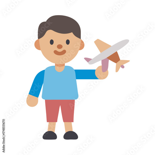 Boy with toy airplane vector illustration on black background