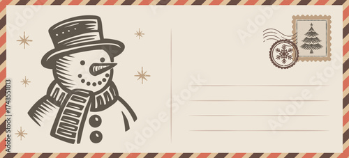 Vintage Christmas Letter featuring a hand-drawn Snowman with a hat and scarf, festive postage stamp, and snowflakes. A charming holiday mail postcard perfect for greetings, invitations