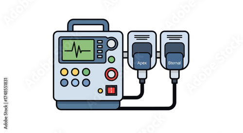 Medical Defibrillator Device with ECG Monitor and Paddles Illustration.