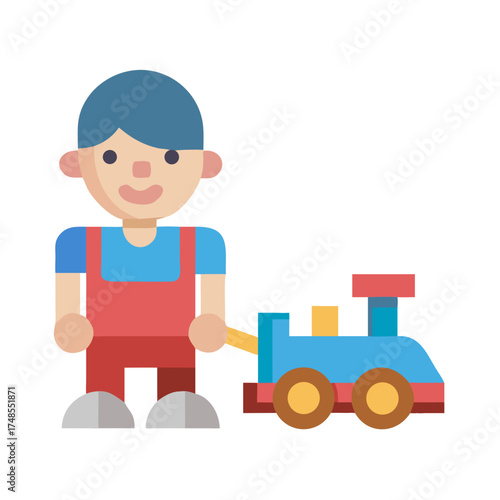 Flat illustration of a boy playing with toy train
