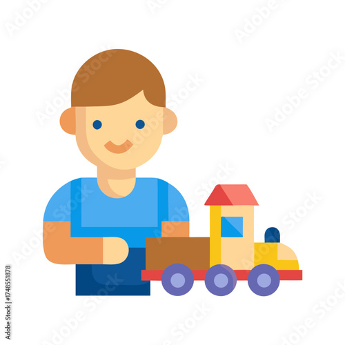 Boy plays with a colourful flat style train toy