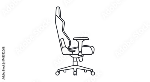 Line Drawing of Ergonomic Gaming Chair with Adjustable Armrests and Headrest.