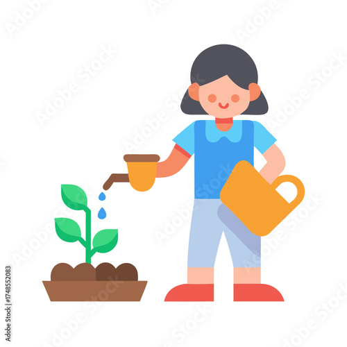 Illustration of a woman watering a young plant