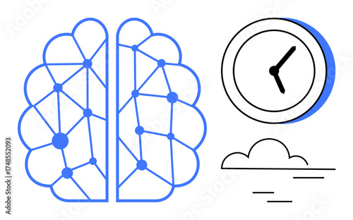 Neural brain connections paired with a clock and cloud evoke innovation, time management, creativity. Ideal for tech, AI, neuroscience, productivity, mental health education. Simple flat metaphor