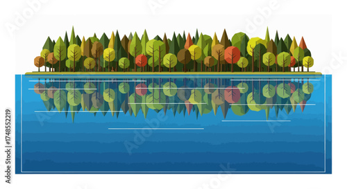 Cross-section of a lush forest island with underwater reflection.