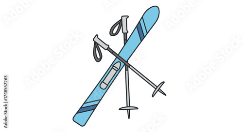 Blue Skis and Poles Hand-Drawn Illustration for Winter Sports.