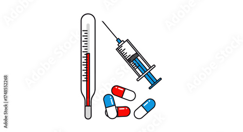 Medical thermometer syringe and capsules representing healthcare and treatment.