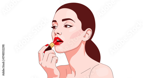 Elegant Woman Applying Red Lipstick to Her Lips Beauty Routine Illustration.