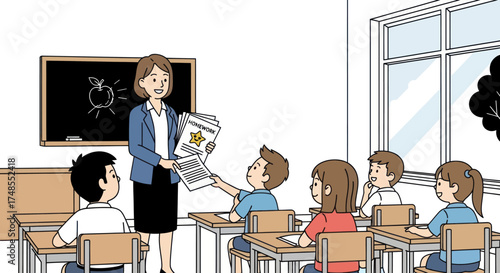 Teacher handing out papers to students in a classroom setting with desks and a blackboard.