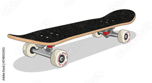 A classic skateboard with a black grip tape deck and white wheels.