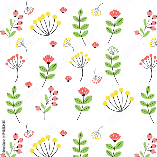 Seamless floral pattern with coral pink flowers, yellow and pink berries, and green leaves on a white background in Scandinavian style