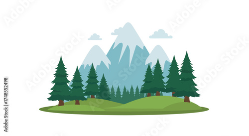 Stylized Mountain Landscape with Snow-Capped Peaks and Green Pine Trees.