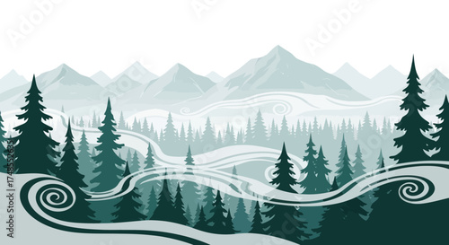 Serene Winter Forest Landscape with Snow-Covered Mountains and Winding Paths.