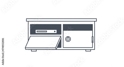Line art TV stand media console with open door.