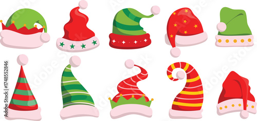 Christmas hats, Santa hats, elf hats, festive headwear, holiday costume accessories, red and green hats, winter celebration hats, cute cartoon hats, decorative holiday caps, Xmas party hats