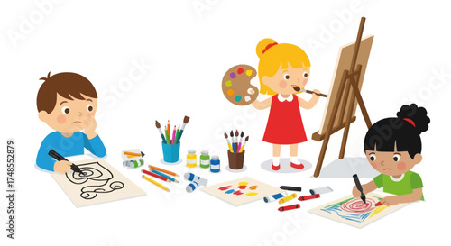 Children engaged in creative art class with easels paints and drawing supplies.