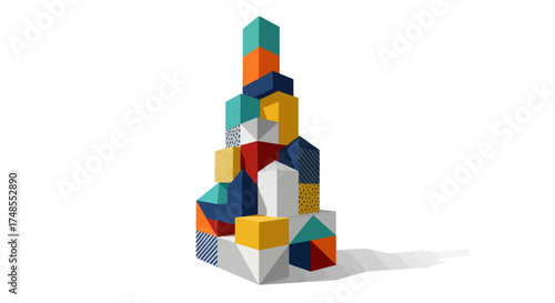 Stack of Colorful Geometric Building Blocks Forming a Vibrant Tower.
