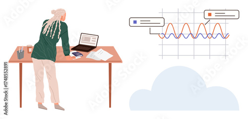 Person reviewing data trends on laptop with documents on desk, alongside a graph indicating data points and cloud concept. Ideal for analytics, technology, data science, cloud computing, research