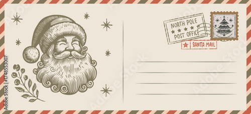 Vintage Christmas Letter with Santa, north pole postmark, and holiday stamp. Hand drawn festive envelope illustration for new year greetings, seasonal invitations
